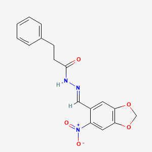 molecular formula C17H15N3O5 B5557627 N-[(E)-(6-nitro-1,3-benzodioxol-5-yl)methylideneamino]-3-phenylpropanamide 