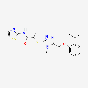 molecular formula C19H23N5O2S2 B5557975 2-[(4-methyl-5-{[2-(propan-2-yl)phenoxy]methyl}-4H-1,2,4-triazol-3-yl)sulfanyl]-N-(1,3-thiazol-2-yl)propanamide 