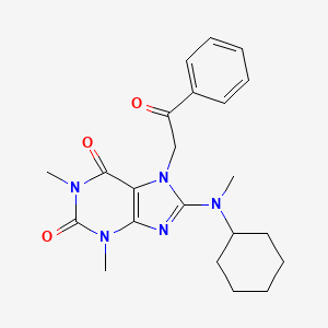 molecular formula C22H27N5O3 B5559243 8-[CYCLOHEXYL(METHYL)AMINO]-1,3-DIMETHYL-7-(2-OXO-2-PHENYLETHYL)-2,3,6,7-TETRAHYDRO-1H-PURINE-2,6-DIONE 