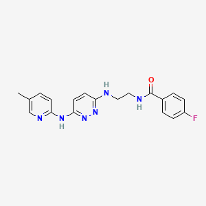 molecular formula C19H19FN6O B5559935 4-fluoro-N-[2-({6-[(5-methyl-2-pyridinyl)amino]-3-pyridazinyl}amino)ethyl]benzamide 