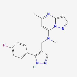 molecular formula C18H17FN6 B5562243 N-[[5-(4-fluorophenyl)-1H-pyrazol-4-yl]methyl]-N,5-dimethylpyrazolo[1,5-a]pyrimidin-7-amine 