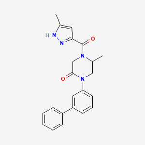 molecular formula C22H22N4O2 B5565377 5-methyl-4-(5-methyl-1H-pyrazole-3-carbonyl)-1-(3-phenylphenyl)piperazin-2-one 