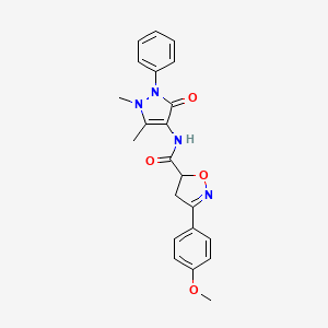 molecular formula C22H22N4O4 B5566738 N~5~-(1,5-DIMETHYL-3-OXO-2-PHENYL-2,3-DIHYDRO-1H-PYRAZOL-4-YL)-3-(4-METHOXYPHENYL)-4,5-DIHYDRO-5-ISOXAZOLECARBOXAMIDE 