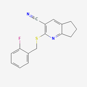 molecular formula C16H13FN2S B5568970 2-[(2-FLUOROBENZYL)SULFANYL]-6,7-DIHYDRO-5H-CYCLOPENTA[B]PYRIDIN-3-YL CYANIDE 