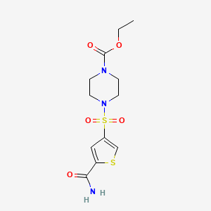 molecular formula C12H17N3O5S2 B5574504 Ethyl 4-(5-carbamoylthiophen-3-yl)sulfonylpiperazine-1-carboxylate 