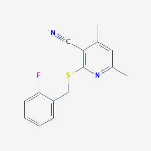 molecular formula C15H13FN2S B5574997 2-{[(2-FLUOROPHENYL)METHYL]SULFANYL}-4,6-DIMETHYLPYRIDINE-3-CARBONITRILE 