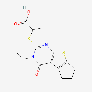 molecular formula C14H16N2O3S2 B5577036 2-[(3-ethyl-4-oxo-3,5,6,7-tetrahydro-4H-cyclopenta[4,5]thieno[2,3-d]pyrimidin-2-yl)thio]propanoic acid 
