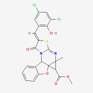 molecular formula C23H16Cl2N2O5S B5580426 methyl 9-(3,5-dichloro-2-hydroxybenzylidene)-6a-methyl-10-oxo-6,6a,9,10-tetrahydro-11aH-[1]benzofuro[2,3-e]cyclopropa[d][1,3]thiazolo[3,2-a]pyrimidine-6-carboxylate 