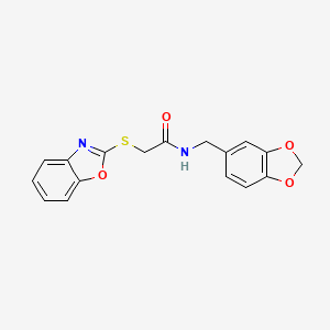 molecular formula C17H14N2O4S B5581771 N-[(2H-1,3-benzodioxol-5-yl)methyl]-2-(1,3-benzoxazol-2-ylsulfanyl)acetamide 