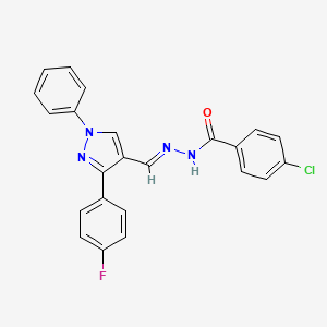 molecular formula C23H16ClFN4O B5586596 4-chloro-N-[(E)-[3-(4-fluorophenyl)-1-phenylpyrazol-4-yl]methylideneamino]benzamide 