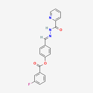 molecular formula C20H14FN3O3 B5593171 4-{(E)-[2-(pyridin-2-ylcarbonyl)hydrazinylidene]methyl}phenyl 3-fluorobenzoate 