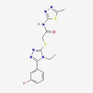 molecular formula C15H15FN6OS2 B5594013 2-{[4-ethyl-5-(3-fluorophenyl)-4H-1,2,4-triazol-3-yl]sulfanyl}-N-(5-methyl-1,3,4-thiadiazol-2-yl)acetamide 