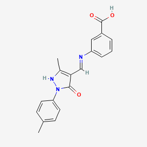 molecular formula C19H17N3O3 B5594174 3-({[3-METHYL-1-(4-METHYLPHENYL)-5-OXO-1,5-DIHYDRO-4H-PYRAZOL-4-YLIDEN]METHYL}AMINO)BENZOIC ACID 