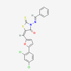 molecular formula C21H12Cl2N2O2S2 B5598628 5-{(E)-1-[5-(2,4-DICHLOROPHENYL)-2-FURYL]METHYLIDENE}-3-{[(E)-1-PHENYLMETHYLIDENE]AMINO}-2-THIOXO-1,3-THIAZOLAN-4-ONE 