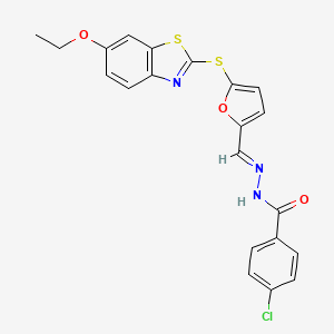 molecular formula C21H16ClN3O3S2 B5599530 4-chloro-N'-[(E)-{5-[(6-ethoxy-1,3-benzothiazol-2-yl)sulfanyl]furan-2-yl}methylidene]benzohydrazide 