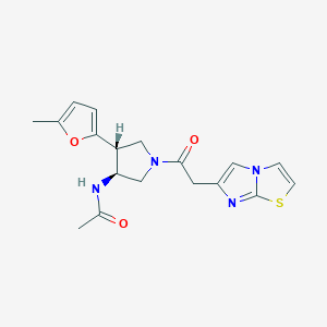 molecular formula C18H20N4O3S B5604136 N-[(3S*,4R*)-1-(imidazo[2,1-b][1,3]thiazol-6-ylacetyl)-4-(5-methyl-2-furyl)pyrrolidin-3-yl]acetamide 