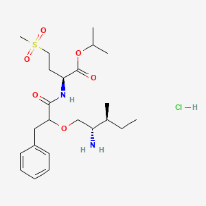 molecular formula C23H39ClN2O6S B561921 (2S)-[(2'S)-Amino-(3'S)-methyl-1-pentyloxy]-3-phenylpropionyl-methionine Sulfone, Isopropyl Ester, Hydrochloride CAS No. 1356019-46-9