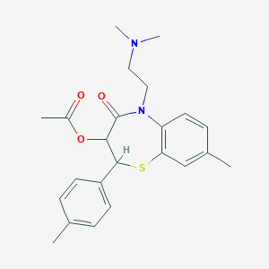 molecular formula C23H28N2O3S B056349 3-Acetoxy-5-(2-(dimethylamino)ethyl)-2,3-dihydro-8-methyl-2-(4-methylphenyl)-1,5-benzothiazepin-4(5H)-one CAS No. 122024-96-8