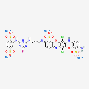 Tetrasodium 10-amino-6,13-dichloro-3-(3-(4-(2,5-disulfonatoanilino)-6-fluoro-1,3,5-triazin-2-ylamino)prop-3-ylamino)-5,12-dioxa-7,14-diazapentacene-4,11-disulfonate