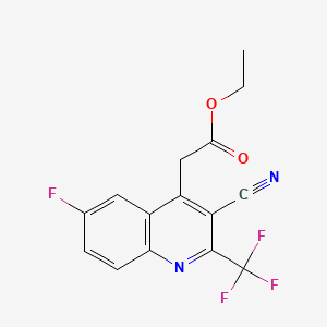 molecular formula C15H10F4N2O2 B567681 Ethyl 2-(3-cyano-6-fluoro-2-(trifluoromethyl)quinolin-4-yl)acetate CAS No. 1260811-87-7