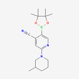 molecular formula C18H26BN3O2 B567728 2-(3-甲基哌啶-1-基)-5-(4,4,5,5-四甲基-1,3,2-二恶唑硼烷-2-基)异烟腈 CAS No. 1356087-25-6