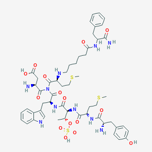 molecular formula C53H72N10O15S3 B056809 (3S)-3-amino-4-[[(2S)-2-[[(2S,3R)-2-[[(2S)-2-[[(2S)-2-amino-3-(4-hydroxyphenyl)propanoyl]amino]-4-methylsulfanylbutanoyl]amino]-3-sulfooxybutanoyl]amino]-3-(1H-indol-3-yl)propanoyl]-[(2S)-2-[[6-[(1-amino-1-oxo-3-phenylpropan-2-yl)amino]-6-oxohexyl]amino]-4-methylsulfanylbutanoyl]amino]-4-oxobutanoic acid CAS No. 124869-86-9