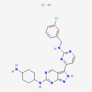 molecular formula C22H25Cl2N9 B568812 trans-N1-[3-[2-[[(3-Chlorophenyl)methyl]amino]-4-pyrimidinyl]-1H-pyrazolo[3,4-d]pyrimidin-6-yl]-1,4-cyclohexanediamine Hydrochloride CAS No. 1386398-50-0