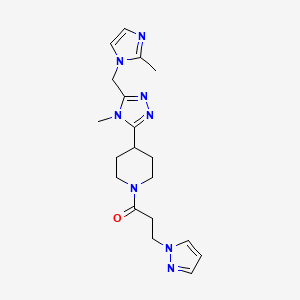 molecular formula C19H26N8O B5690572 4-{4-methyl-5-[(2-methyl-1H-imidazol-1-yl)methyl]-4H-1,2,4-triazol-3-yl}-1-[3-(1H-pyrazol-1-yl)propanoyl]piperidine 