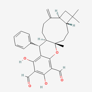 molecular formula C30H34O5 B572731 (1S,4R,7S,11R,12S)-14,16-dihydroxy-1,5,5-trimethyl-8-methylidene-12-phenyl-19-oxatetracyclo[9.8.0.04,7.013,18]nonadeca-13,15,17-triene-15,17-dicarbaldehyde CAS No. 1219603-97-0