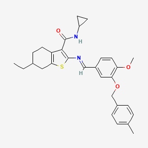 molecular formula C30H34N2O3S B5756175 N-cyclopropyl-6-ethyl-2-{[(E)-{4-methoxy-3-[(4-methylbenzyl)oxy]phenyl}methylidene]amino}-4,5,6,7-tetrahydro-1-benzothiophene-3-carboxamide 