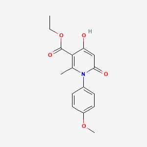 molecular formula C16H17NO5 B576319 Nicotinic acid, 1,6-dihydro-4-hydroxy-1-(p-methoxyphenyl)-2-methyl-6-oxo-, ethyl ester CAS No. 1159-49-5