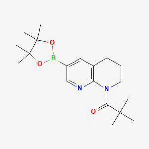 molecular formula C19H29BN2O3 B577465 2,2-Dimethyl-1-(6-(4,4,5,5-tetramethyl-1,3,2-dioxaborolan-2-yl)-3,4-dihydro-1,8-naphthyridin-1(2H)-yl)propan-1-one CAS No. 1222533-83-6