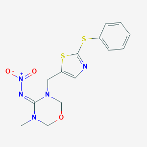 molecular formula C₁₄H₁₅N₅O₃S₂ B057757 4H-1,3,5-Oxadiazin-4-imine, tetrahydro-3-methyl-N-nitro-5-[[2-(phenylthio)-5-thiazolyl]methyl]- CAS No. 192439-46-6