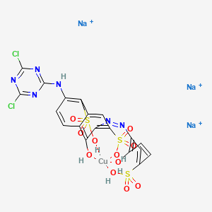 molecular formula C19H12Cl2CuN6Na3O11S3+3 B579152 Trisodium (2-((4,6-dichloro-1,3,5-triazin-2-yl)amino)-5-hydroxy-6-((2-hydroxy-5-sulphophenyl)azo)naphthalene-1,7-disulphonato(5-))cuprate(3-) CAS No. 16038-15-6