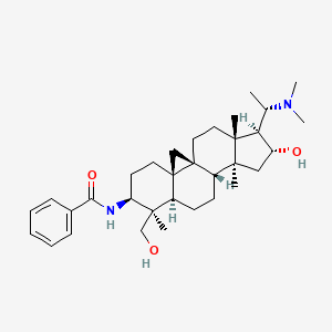 molecular formula C33H50N2O3 B579619 N-[(1S,3R,6S,7R,8R,11S,12S,14R,15S,16R)-15-[(1S)-1-(dimethylamino)ethyl]-14-hydroxy-7-(hydroxymethyl)-7,12,16-trimethyl-6-pentacyclo[9.7.0.01,3.03,8.012,16]octadecanyl]benzamide CAS No. 16974-73-5