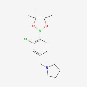 molecular formula C17H25BClNO2 B580465 1-(3-Chloro-4-(4,4,5,5-tetramethyl-1,3,2-dioxaborolan-2-yl)benzyl)pyrrolidine CAS No. 1256360-54-9