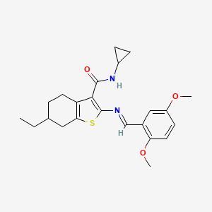 molecular formula C23H28N2O3S B5859674 N-cyclopropyl-2-[(2,5-dimethoxybenzylidene)amino]-6-ethyl-4,5,6,7-tetrahydro-1-benzothiophene-3-carboxamide 