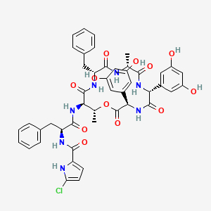 molecular formula C46H46ClN7O12 B587381 N-[(2S)-1-[[(3R,6R,9R,12R,15R,16R)-12-benzyl-3,6-bis(3,5-dihydroxyphenyl)-9,16-dimethyl-2,5,8,11,14-pentaoxo-1-oxa-4,7,10,13-tetrazacyclohexadec-15-yl]amino]-1-oxo-3-phenylpropan-2-yl]-5-chloro-1H-pyrrole-2-carboxamide CAS No. 143728-99-8