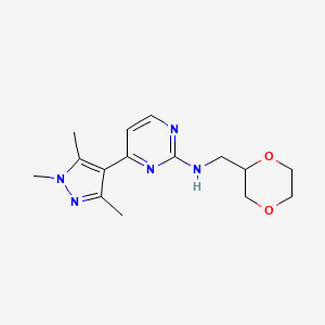 molecular formula C15H21N5O2 B5894041 N-(1,4-dioxan-2-ylmethyl)-4-(1,3,5-trimethyl-1H-pyrazol-4-yl)pyrimidin-2-amine 