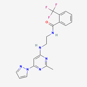 molecular formula C18H17F3N6O B5919364 N-(2-{[2-methyl-6-(1H-pyrazol-1-yl)-4-pyrimidinyl]amino}ethyl)-2-(trifluoromethyl)benzamide 