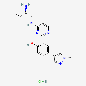 molecular formula C18H23ClN6O B593056 2-[4-[[(2R)-2-aminobutyl]amino]pyrimidin-2-yl]-4-(1-methylpyrazol-4-yl)phenol;hydrochloride CAS No. 1290629-45-6