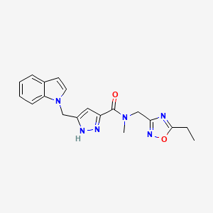 molecular formula C19H20N6O2 B5945400 N-[(5-ethyl-1,2,4-oxadiazol-3-yl)methyl]-5-(1H-indol-1-ylmethyl)-N-methyl-1H-pyrazole-3-carboxamide 