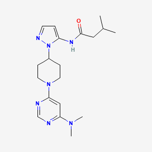molecular formula C19H29N7O B5947540 N-(1-{1-[6-(dimethylamino)pyrimidin-4-yl]piperidin-4-yl}-1H-pyrazol-5-yl)-3-methylbutanamide 