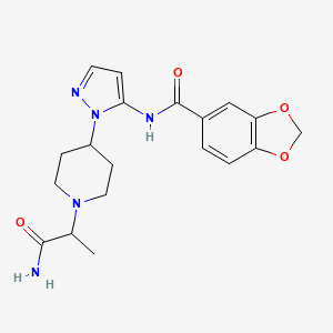 molecular formula C19H23N5O4 B5947559 N-{1-[1-(2-amino-1-methyl-2-oxoethyl)piperidin-4-yl]-1H-pyrazol-5-yl}-1,3-benzodioxole-5-carboxamide 