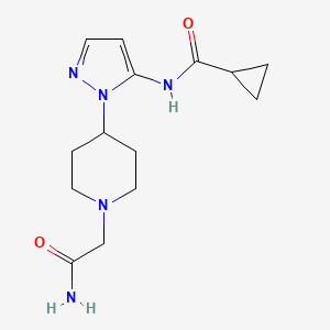 molecular formula C14H21N5O2 B5948093 N-{1-[1-(2-amino-2-oxoethyl)piperidin-4-yl]-1H-pyrazol-5-yl}cyclopropanecarboxamide 