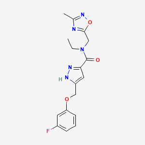 molecular formula C17H18FN5O3 B5948489 N-ethyl-5-[(3-fluorophenoxy)methyl]-N-[(3-methyl-1,2,4-oxadiazol-5-yl)methyl]-1H-pyrazole-3-carboxamide 