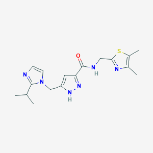 molecular formula C17H22N6OS B5953721 N-[(4,5-dimethyl-1,3-thiazol-2-yl)methyl]-5-[(2-isopropyl-1H-imidazol-1-yl)methyl]-1H-pyrazole-3-carboxamide 