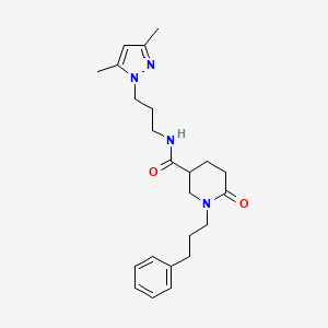 molecular formula C23H32N4O2 B5960145 N-[3-(3,5-dimethyl-1H-pyrazol-1-yl)propyl]-6-oxo-1-(3-phenylpropyl)-3-piperidinecarboxamide 