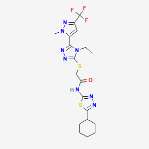 molecular formula C19H23F3N8OS2 B5960622 N-(5-cyclohexyl-1,3,4-thiadiazol-2-yl)-2-({4-ethyl-5-[1-methyl-3-(trifluoromethyl)-1H-pyrazol-5-yl]-4H-1,2,4-triazol-3-yl}thio)acetamide 