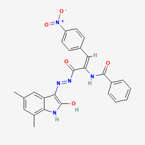molecular formula C26H21N5O5 B5962733 N-[(1E)-1-{N'-[(3Z)-5,7-Dimethyl-2-oxo-2,3-dihydro-1H-indol-3-ylidene]hydrazinecarbonyl}-2-(4-nitrophenyl)eth-1-EN-1-YL]benzamide 
